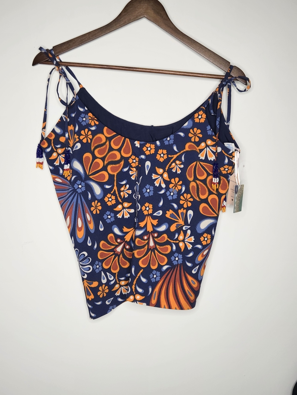 NEW Sigrid Olsen Retro Floral Cami Tank Top with Beaded Tassel Tie Straps- S